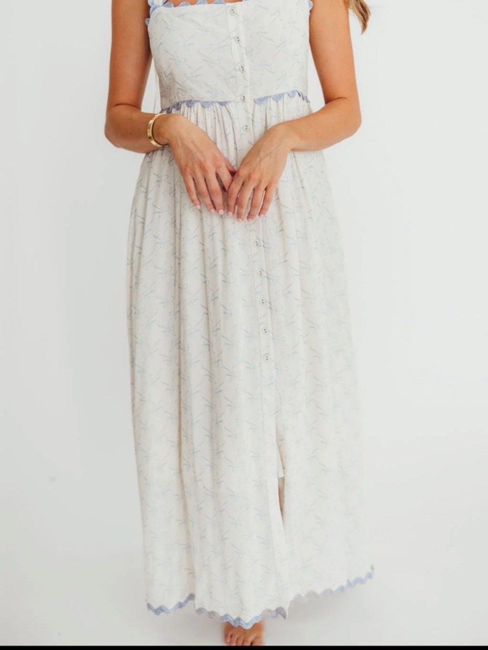 Ivory and Blue Scalloped Trim ric rac Maxi Dress worth collective size small - Picture 9 of 10